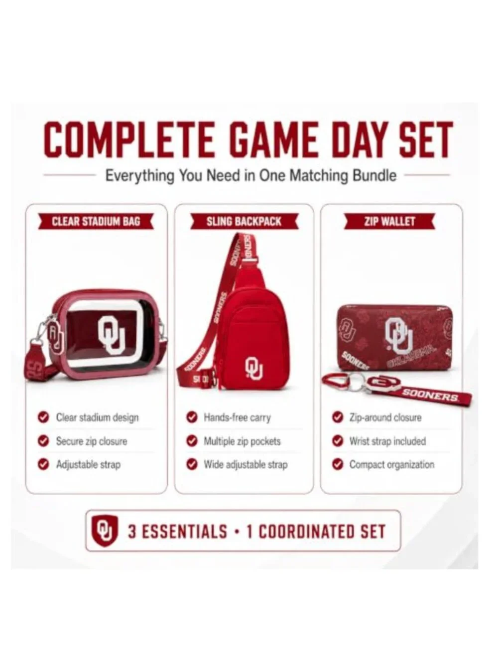 Oklahoma Sooners 3-Piece Bag Bundle Clear Crossbody Sling Wristlet RFID NCAA